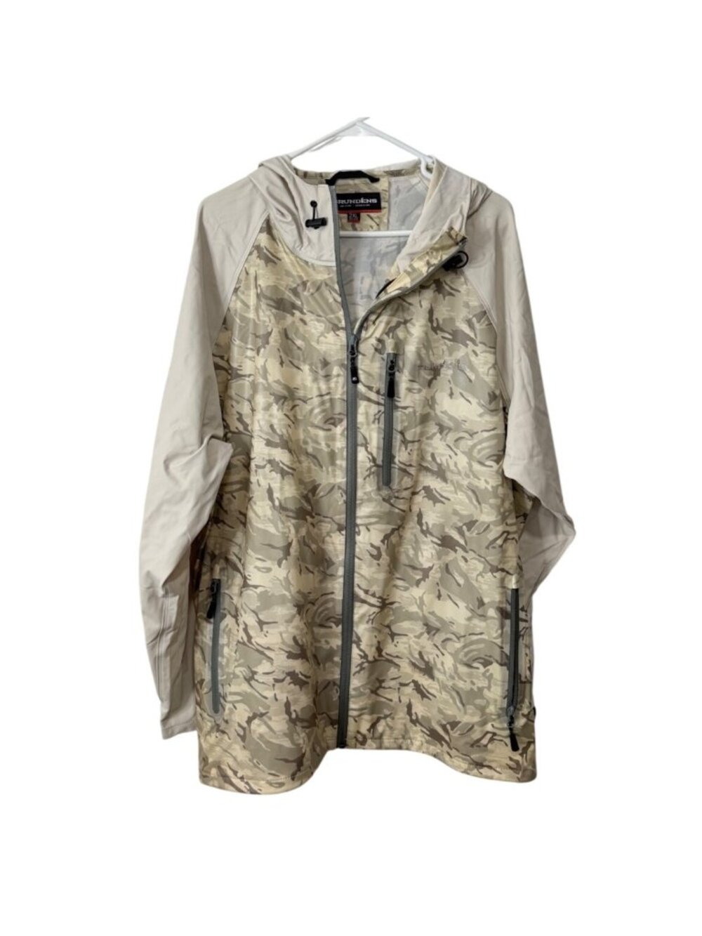 Grundens Mens Size 2XL Camo Hooded Rain Jacket Waterproof Fishing Tan Gray